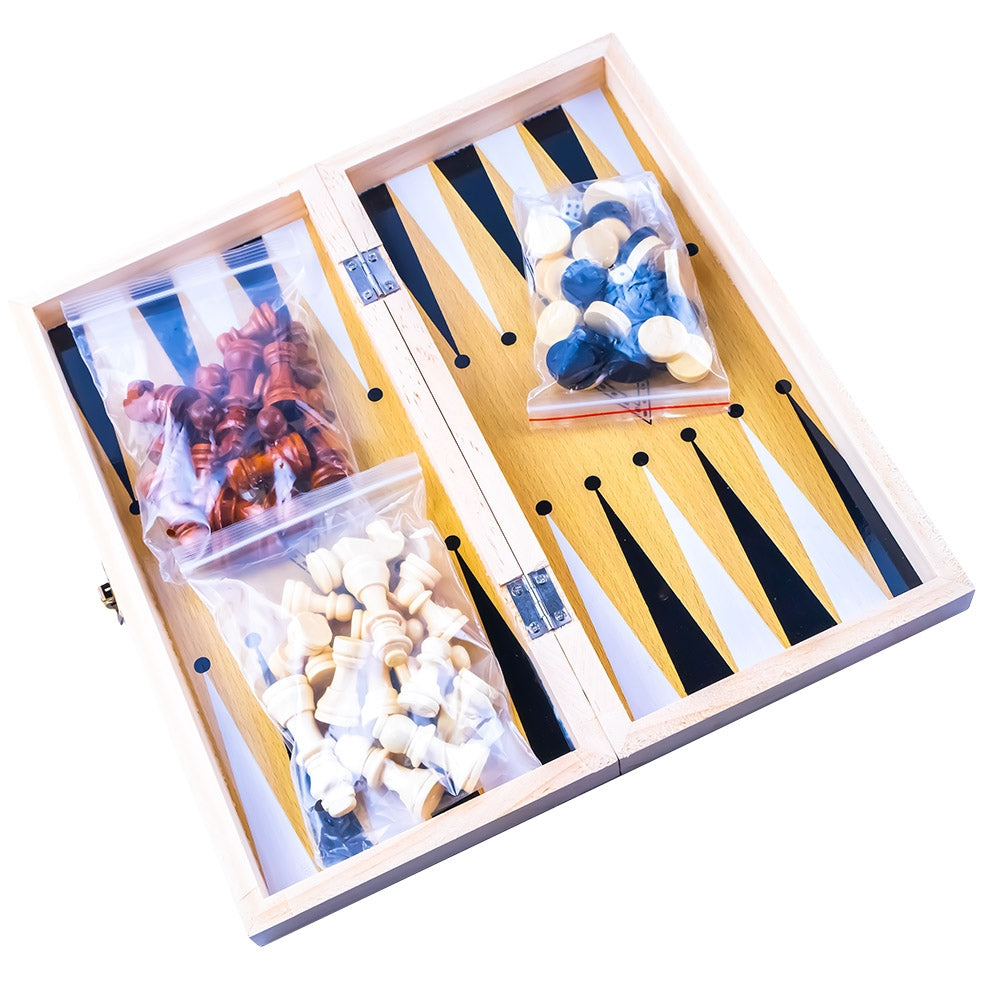 Joc 3 In 1: Sah, Table, Dame, Cutie Lemn, 40x19 Cm - Robentoys