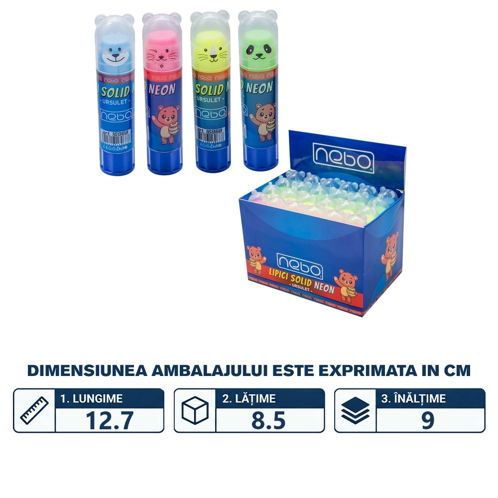 Lipici solid neon 8g Ursuleț, pentru copii, activități școlare, NEBO 16968