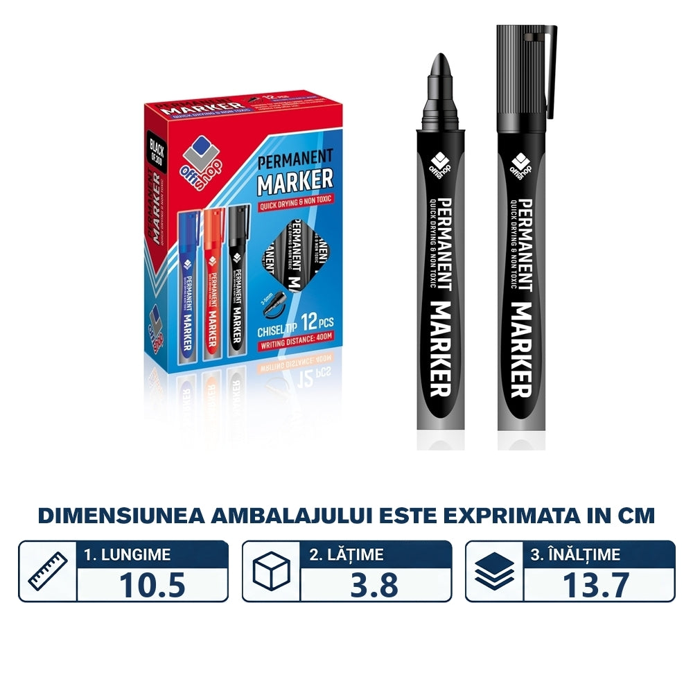 Set 12 markere permanente negre cu vârf rotund de 2-4 mm S-COOL / OFFISHOP OF092