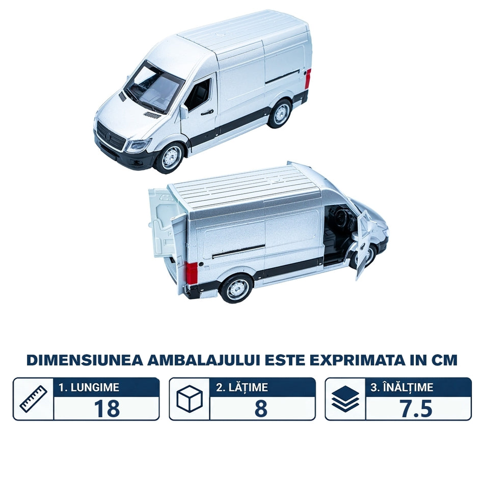 Microbuz din metal cu baterii, mecanism pull-back, lumini și sunete 887-25
