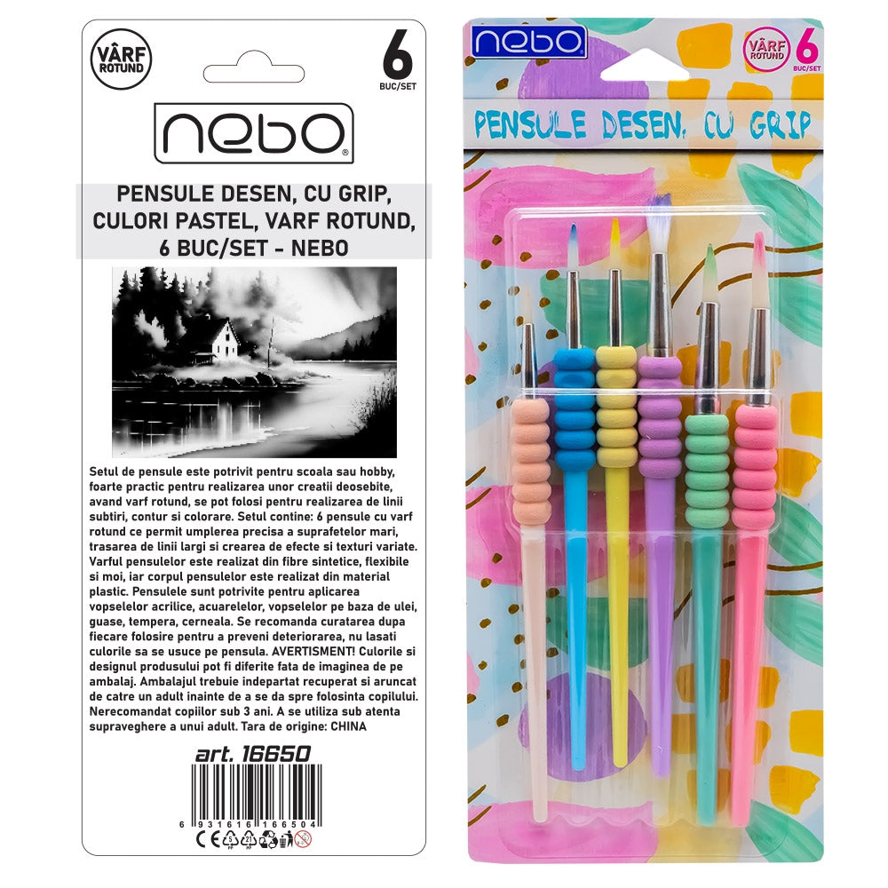 Pensule desen cu grip, culori pastel, vârf rotund, 6 buc/set - NEBO 16650