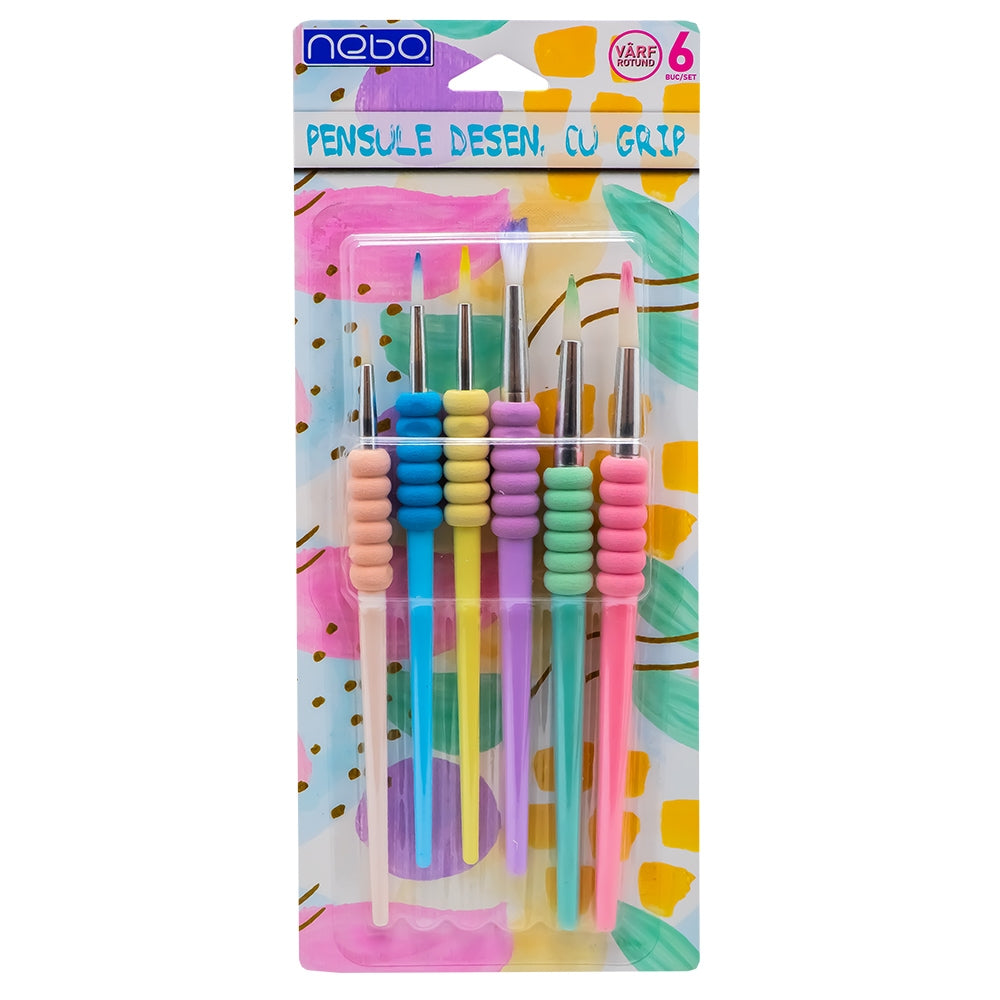 Pensule desen cu grip, culori pastel, vârf rotund, 6 buc/set - NEBO 16650