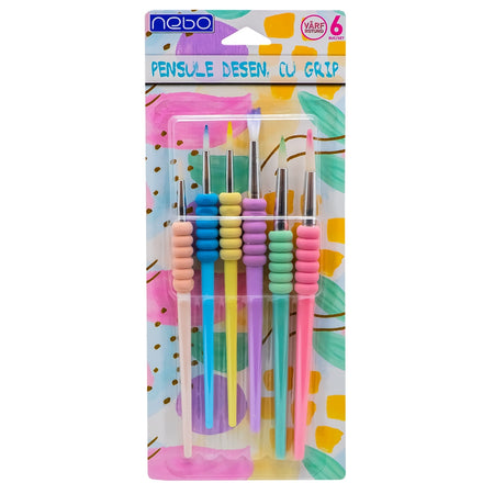 Pensule desen cu grip, culori pastel, vârf rotund, 6 buc/set - NEBO 16650