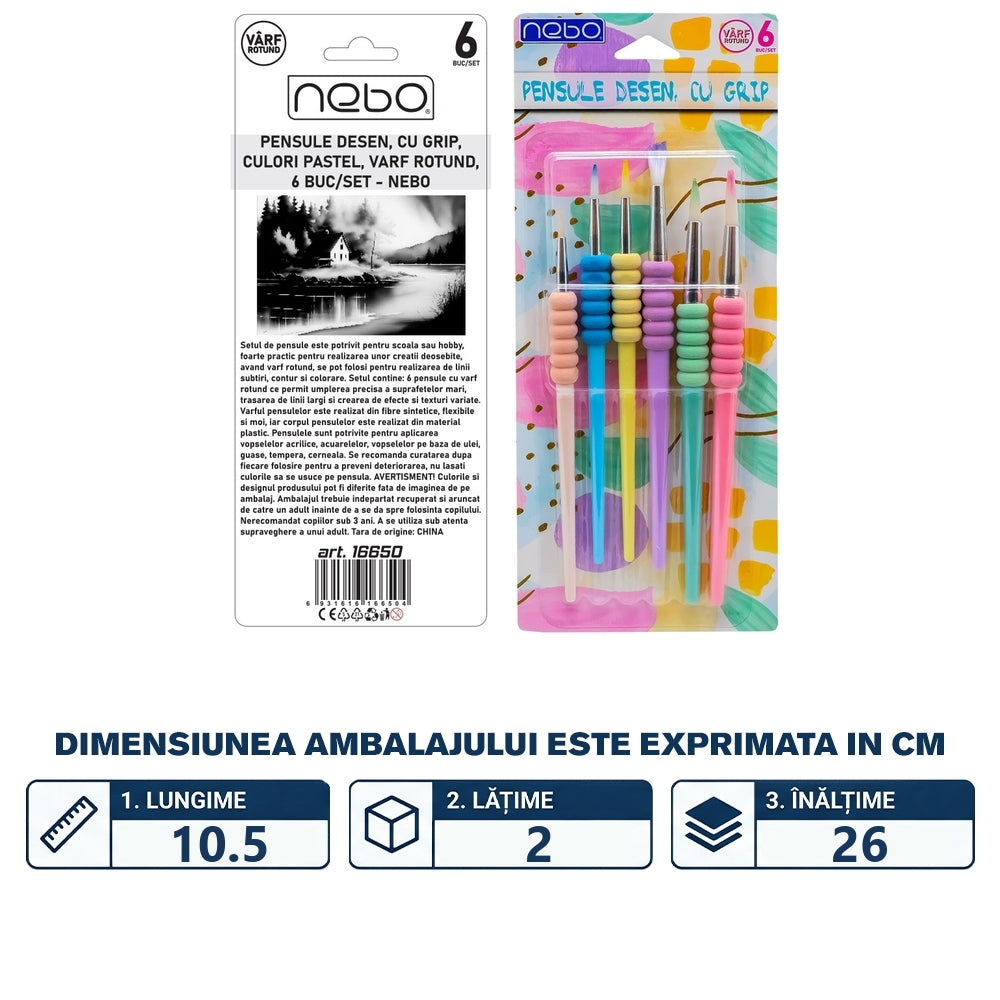 Pensule desen cu grip, culori pastel, vârf rotund, 6 buc/set - NEBO 16650