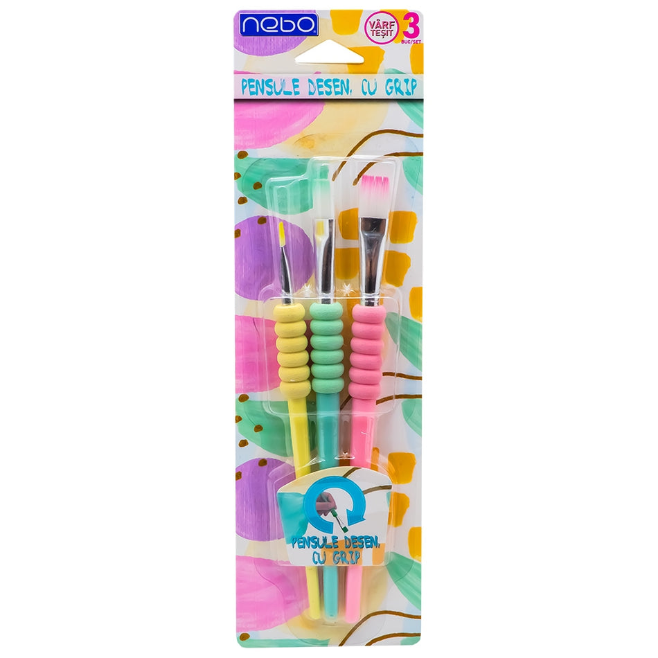 Pensule desen, cu grip, culori pastel, varf tesit, 3 buc/set - NEBO