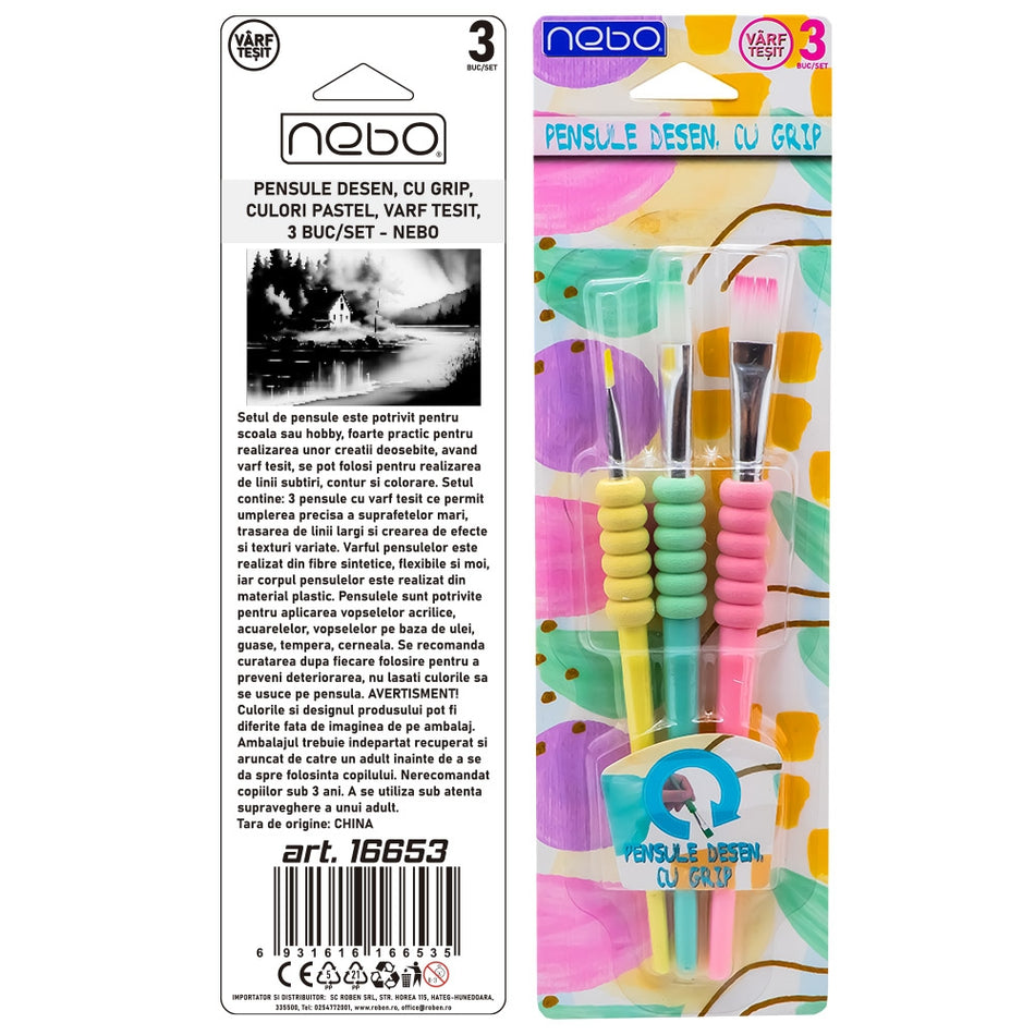 Pensule desen, cu grip, culori pastel, varf tesit, 3 buc/set - NEBO