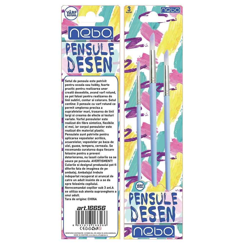 Pensule desen, culori pastel, varf rotund, 3 buc/set - NEBO