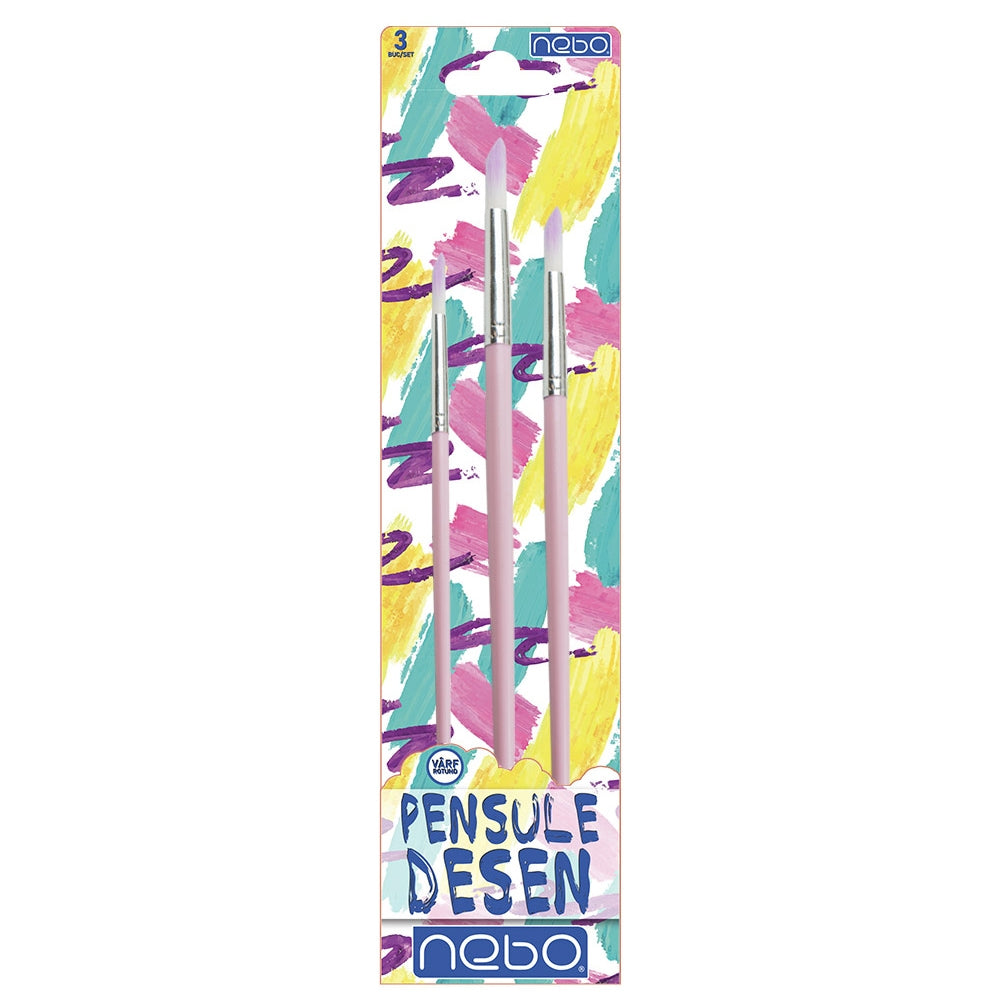 Pensule desen, culori pastel, varf rotund, 3 buc/set - NEBO