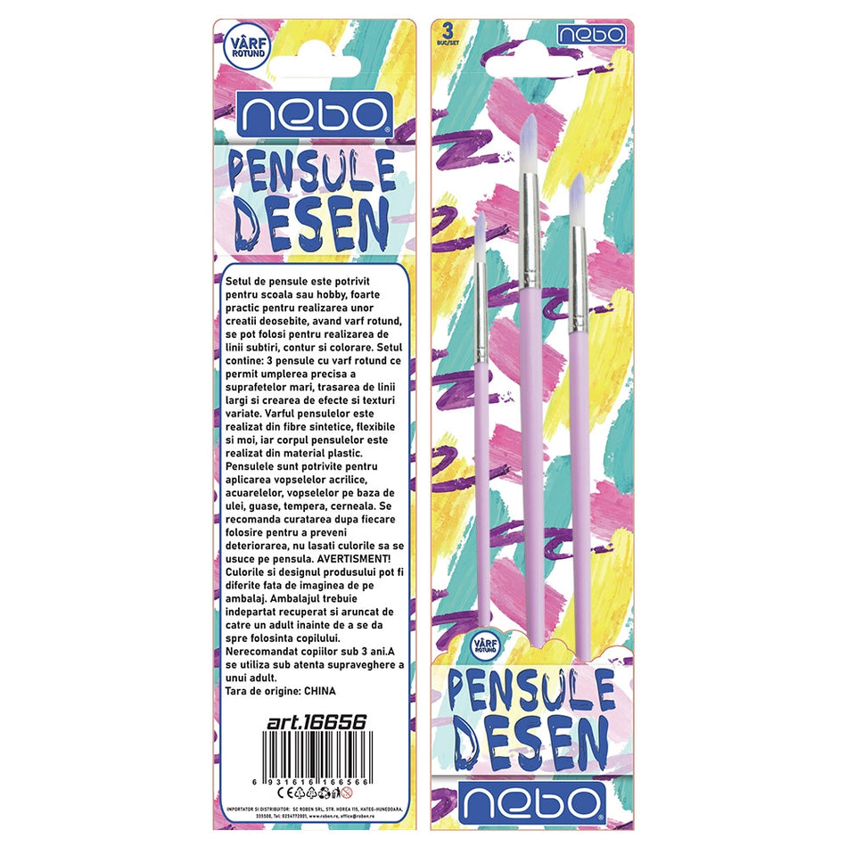 Pensule desen, culori pastel, varf rotund, 3 buc/set - NEBO