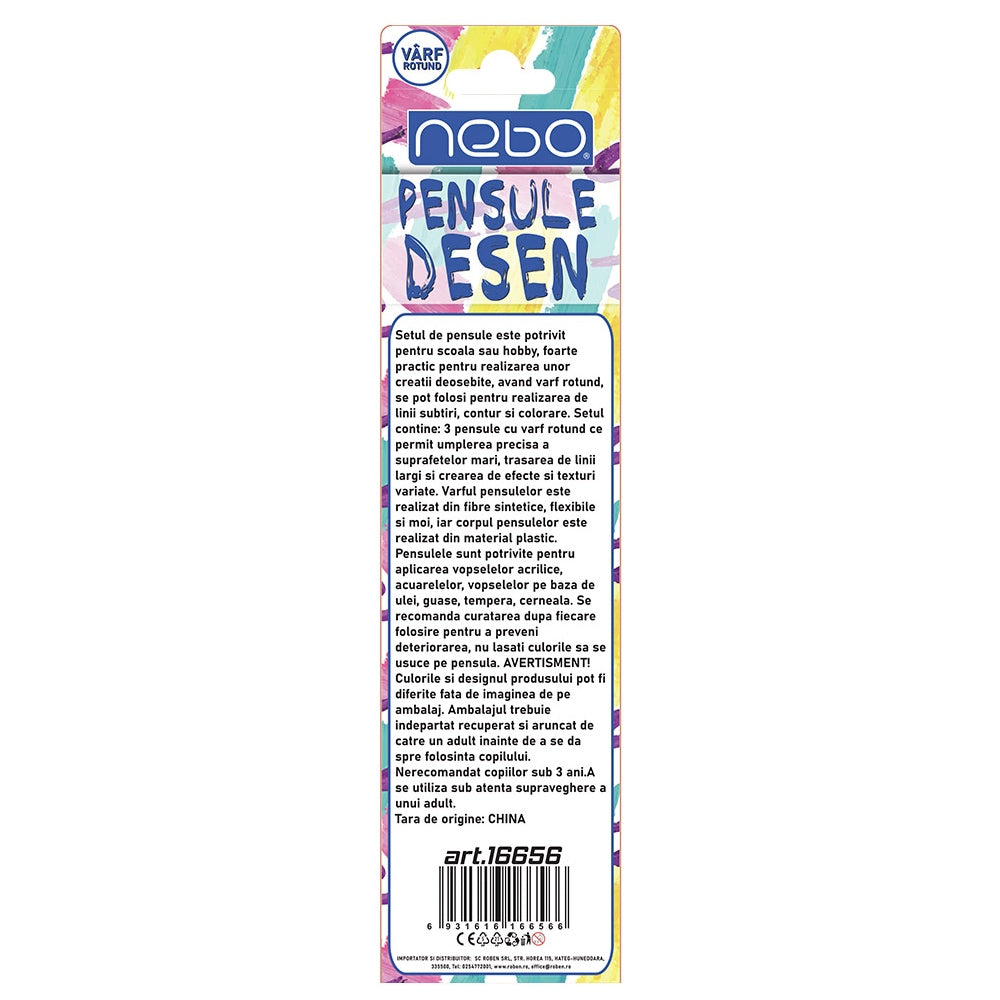 Pensule desen, culori pastel, varf rotund, 3 buc/set - NEBO