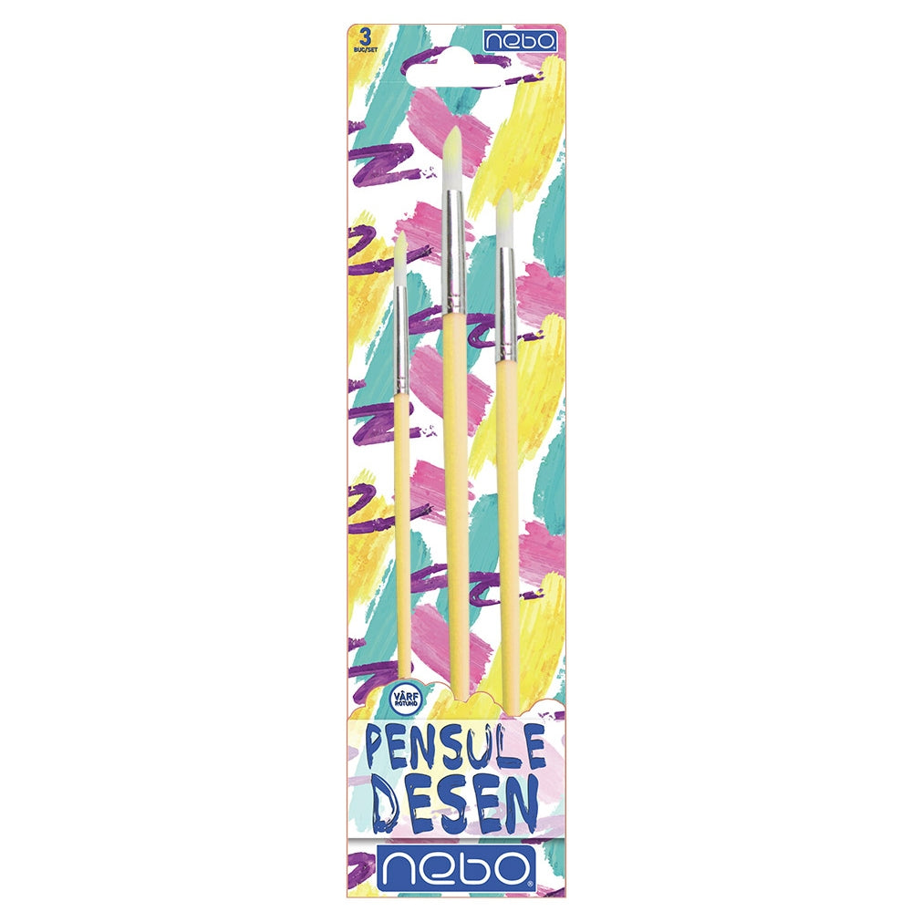 Pensule desen, culori pastel, varf rotund, 3 buc/set - NEBO