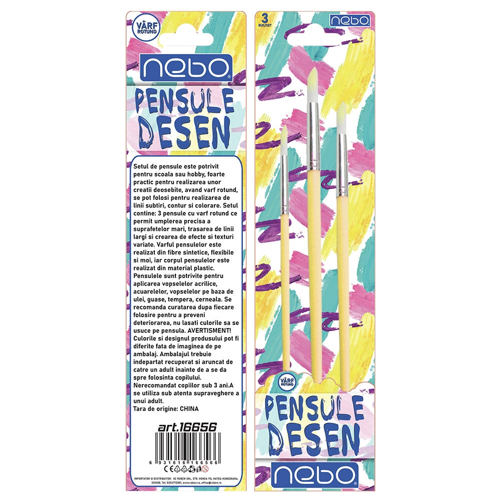Pensule desen, culori pastel, varf rotund, 3 buc/set - NEBO