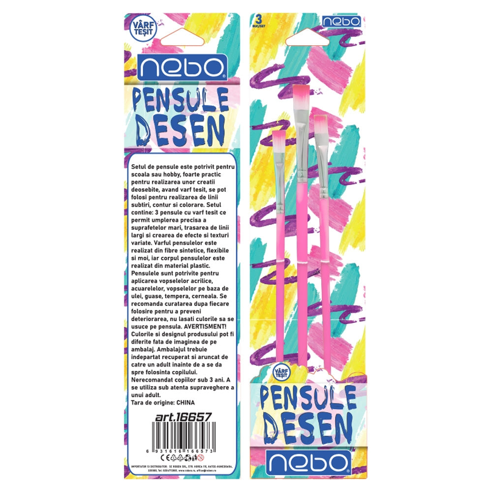 Pensule desen, culori pastel, varf tesit, 3 buc/set - NEBO