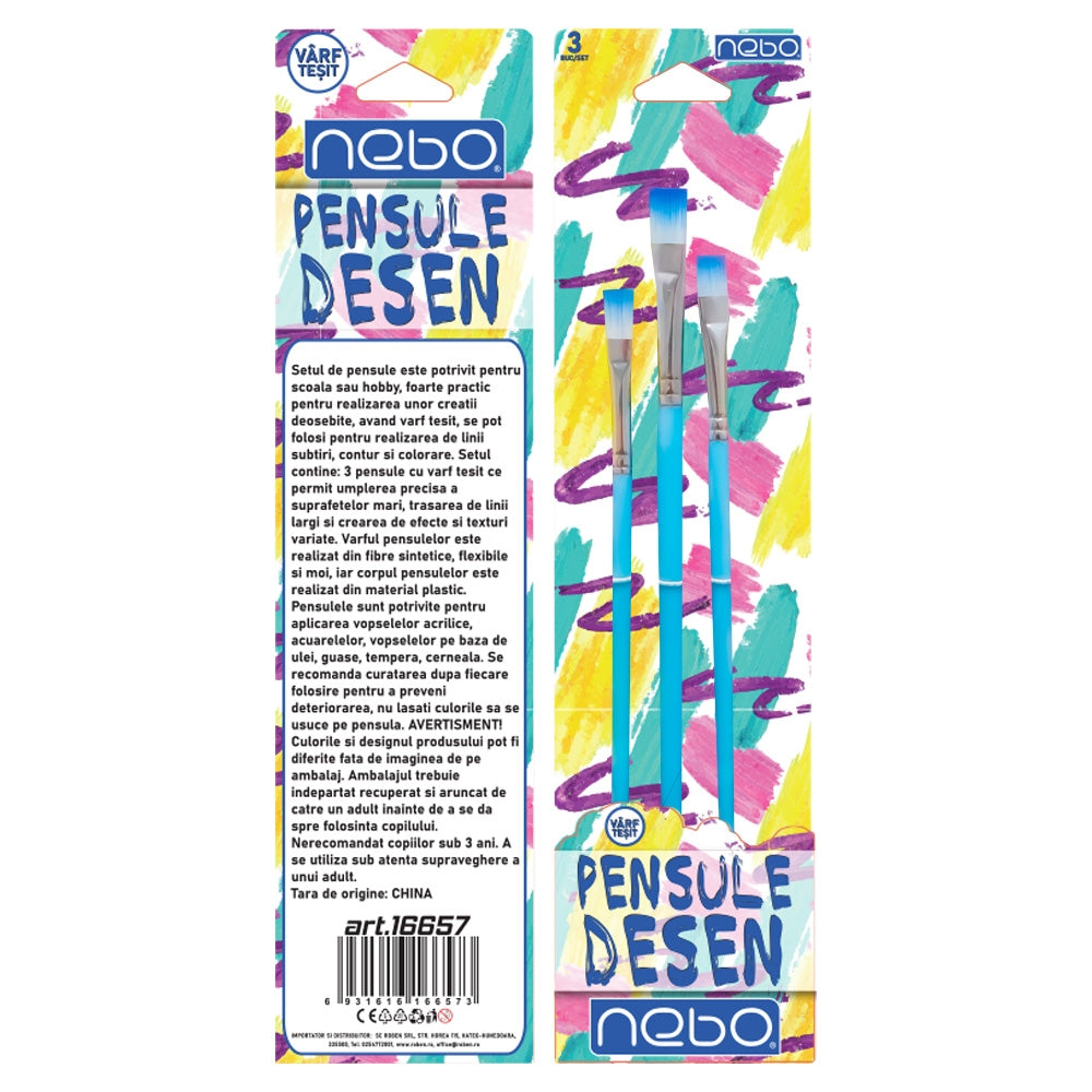 Pensule desen, culori pastel, varf tesit, 3 buc/set - NEBO