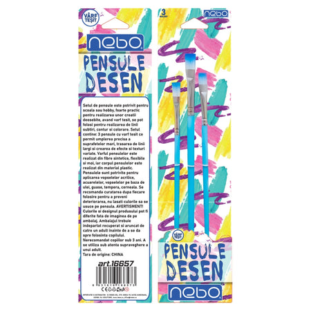Pensule desen, culori pastel, varf tesit, 3 buc/set - NEBO