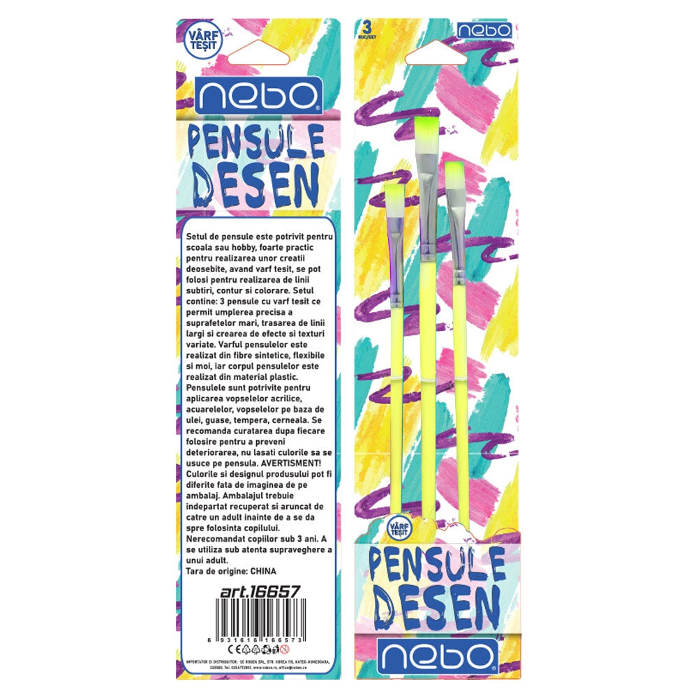 Pensule desen, culori pastel, varf tesit, 3 buc/set - NEBO