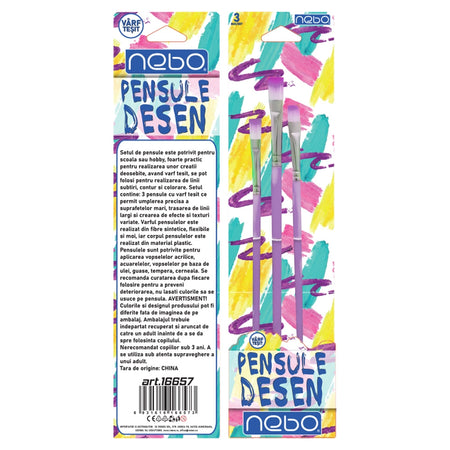 Pensule desen, culori pastel, varf tesit, 3 buc/set - NEBO