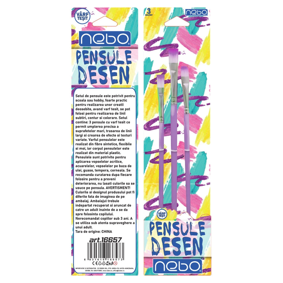Pensule desen, culori pastel, varf tesit, 3 buc/set - NEBO