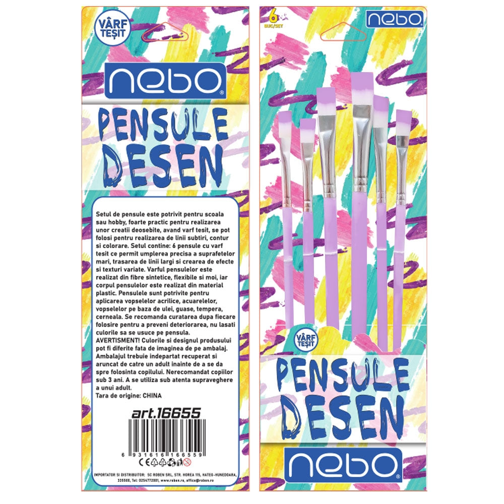 Pensule desen, culori pastel, varf tesit, 6 buc/set - NEBO