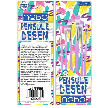 Pensule desen, culori pastel, varf tesit, 6 buc/set - NEBO