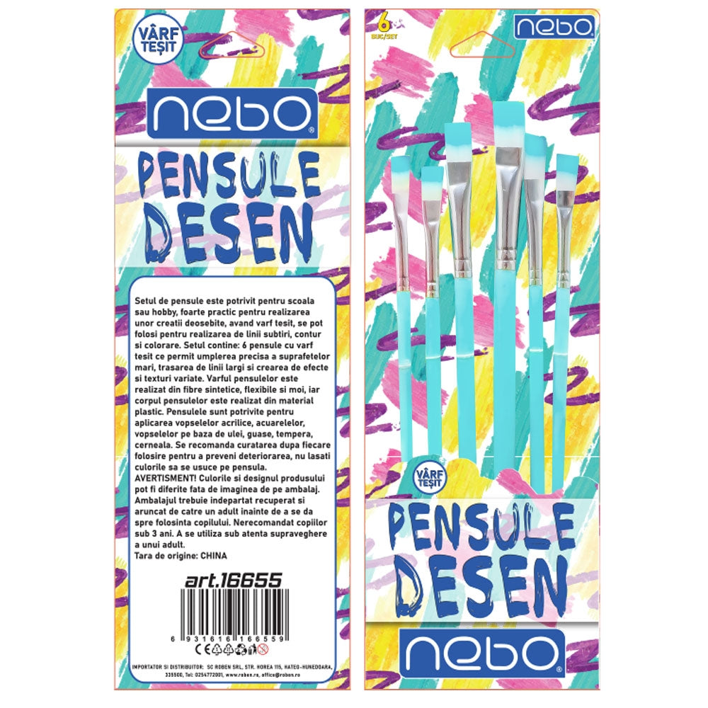 Pensule desen, culori pastel, varf tesit, 6 buc/set - NEBO