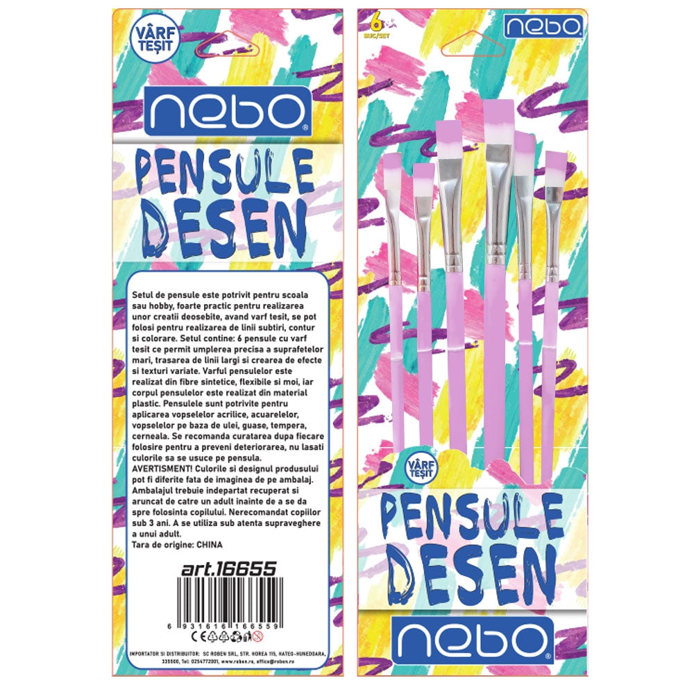 Pensule desen, culori pastel, varf tesit, 6 buc/set - NEBO
