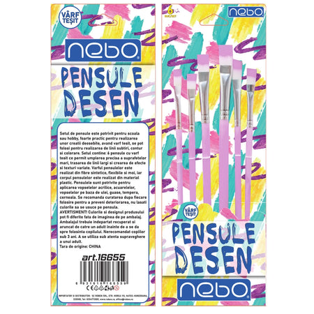 Pensule desen, culori pastel, varf tesit, 6 buc/set - NEBO