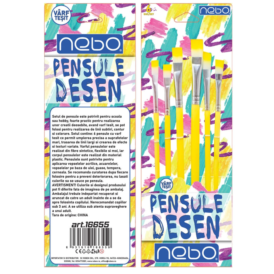 Pensule desen, culori pastel, varf tesit, 6 buc/set - NEBO