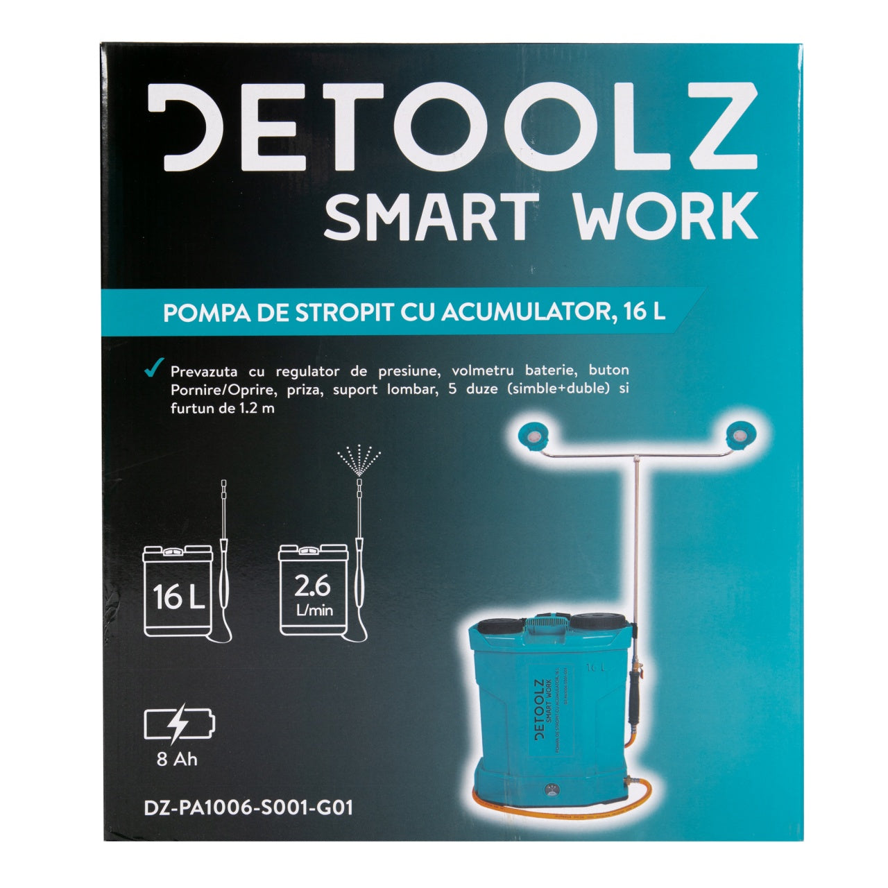 Pompă de stropit cu acumulator 16L, pulverizare electrică, autonomie extinsă Detoolz DZ-PA1006-S001-G01