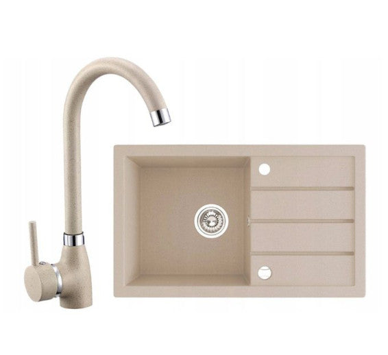 D Chiuveta De Granit 1 Bol Cu Scurgere Mm Bej Set Baterie