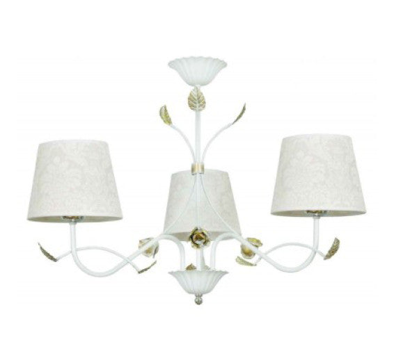 Lustra Merida3, Metal Alb Antic/Lemn Deschis + Abajur Sticla Alb Opal Cu Insertii Aurii, ,3x E27