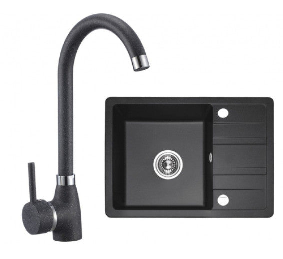 D Chiuveta Granit Negru Stella 1 Bol Cu Jumatate De Scurgere Mm Negru Set Baterie Si Ccesorii SBYA713T