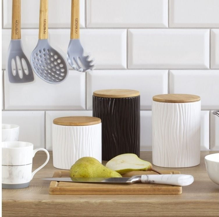 Recipient depozitare ceramică cu capac bambus, Ambition Tuvo, decor alb negru