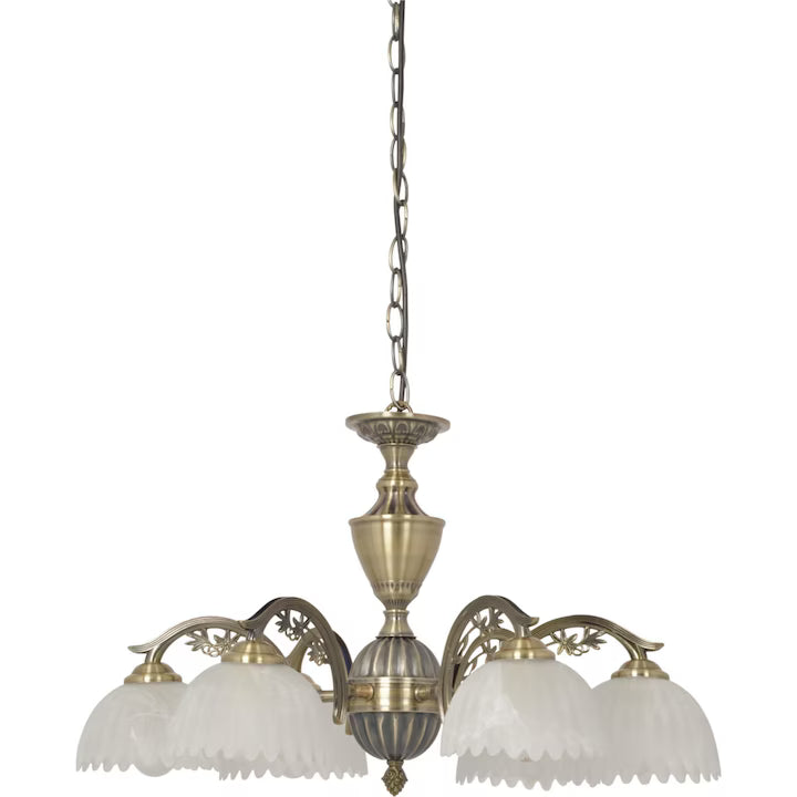 Candelabru 6 India, Metal Bronz + Abajur Sticla Alb Opal, 6 X E 27
