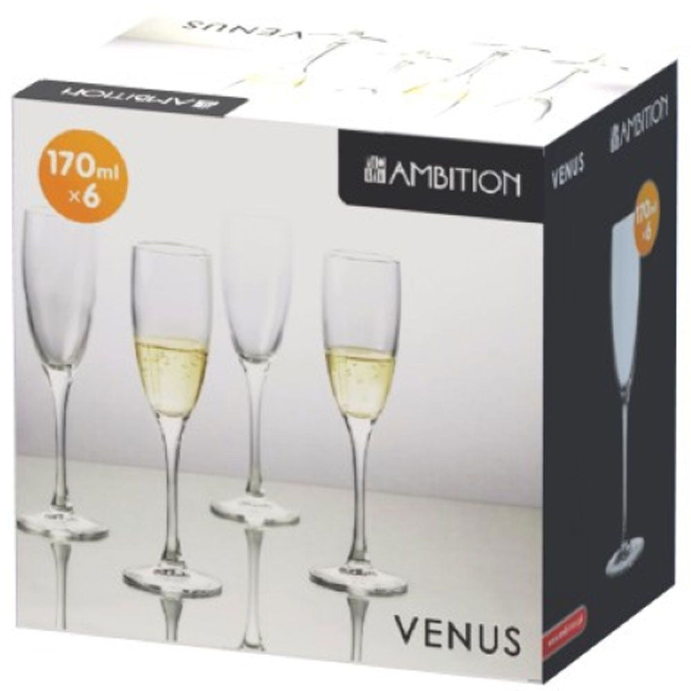 Set 6 pahare șampanie 170 ml Venus, elegante, sticlă, lavabile, AMBITION 10410