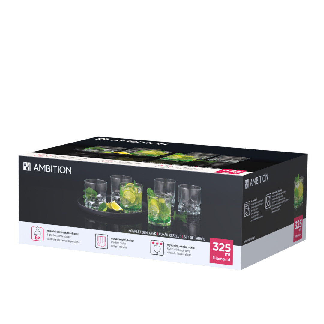 Set 6 pahare Diamond Ambition, design modern, 325 ml, pahar whisky, cadou
