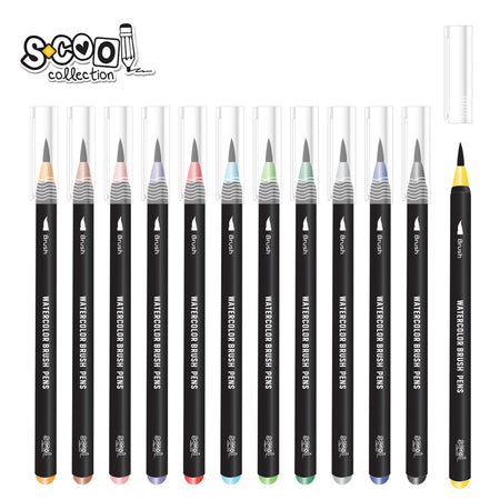 Set markere cu varf tip pensula pe baza de apa + pensula cu rezervor, 12+1 - S-COOL