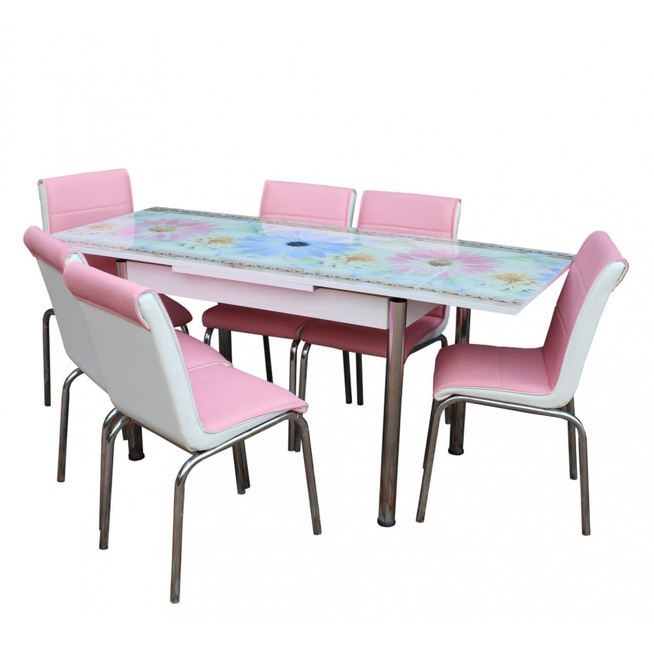 Set Masa 6s Nr. 98 Maci  Cicek, 6 Scaune, Roz