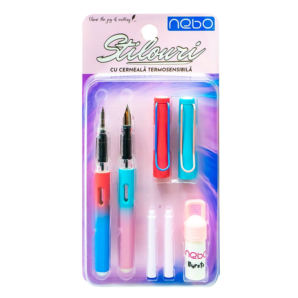 Set stilouri cu cerneală termosensibilă + rezerve, roz, 2 buc, NEBO 16813