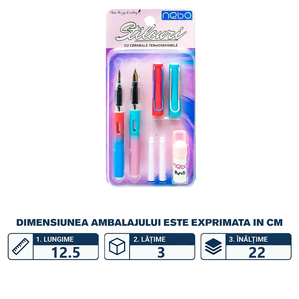 Set stilouri cu cerneală termosensibilă + rezerve, roz, 2 buc, NEBO 16813