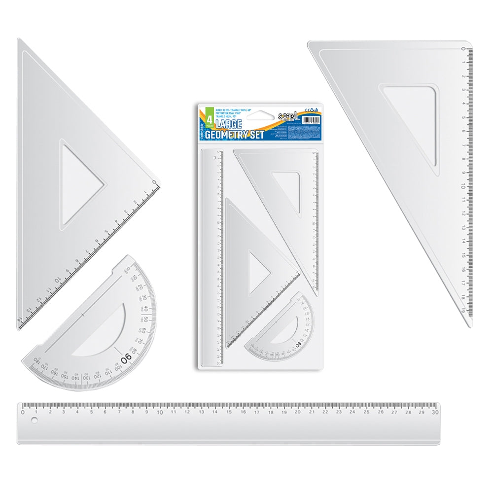 Trusă geometrie 4 piese, liniar 30 cm, set școlar S-COOL / OFFISHOP SC100