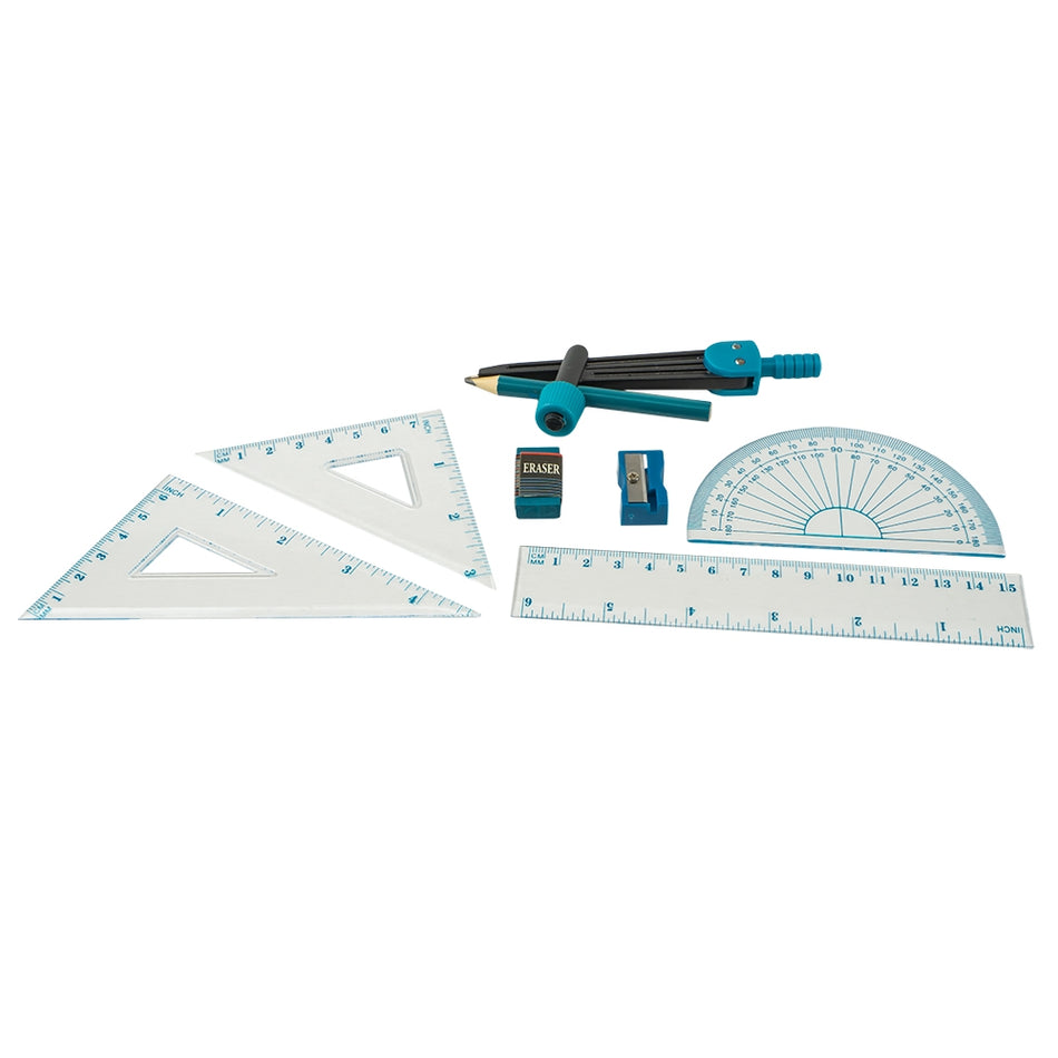 Trusă geometrie plastic 9 piese cu cutie protectie, elevi, M901